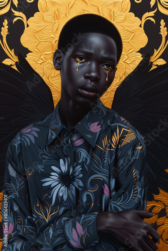 Painting of a Dark Skin Angel with Black wings in a Button-up Floral Print Shirt, and Golden Tears, Golden Background