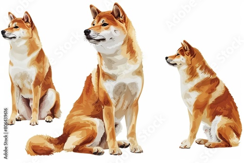 adorable shiba inu dog portraits in various poses on white background digital painting