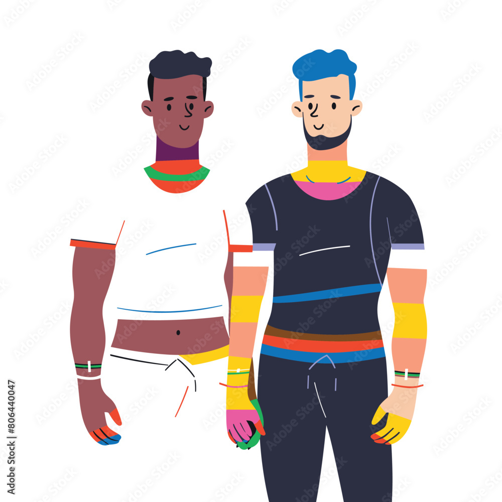 Two men standing together, one African one Caucasian, exhibiting contemporary fashion colorful streetwear. Illustration demonstrates diversity friendship through style posture. Characters sport Two men standing together, one African one Caucasian, exhibiting contemporary fashion colorful streetwear. Illustration demonstrates diversity friendship through style posture. Characters sport