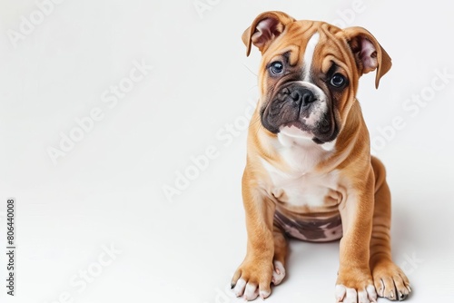 adorable young bulldog puppy sitting on white background cute pet portrait photography © Lucija
