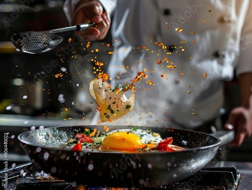 Skilled Chef Prepares Delicious Breakfast Dish with Sizzling Motion and Culinary Expertise