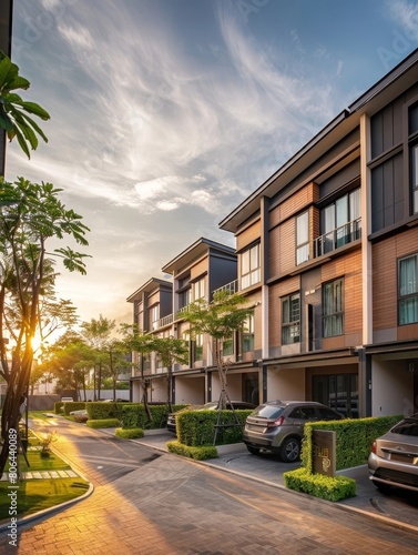 Sunset Glow over Vibrant Townhome Community in Bangna City Landscape