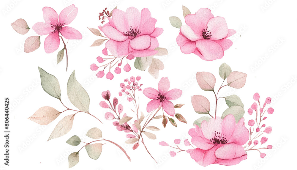 pink watercolor arrangements with flowers, set, bundle, bouquets with wildflowers, leaves, branches. Botanical illustration