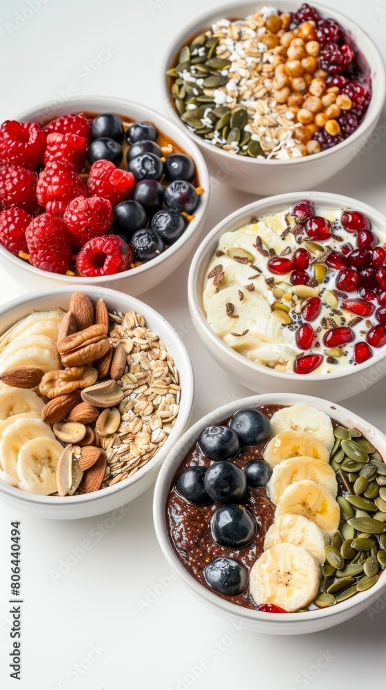 Variety of Healthy Breakfast Bowls Packed with Nutritious Grains,Fruits,Nuts,and Seeds Variety of Healthy Breakfast Bowls Packed with Nutritious Grains,Fruits,Nuts,and Seeds