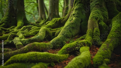 Twisted tree roots carpeted in lush green moss wind through the soil of a dense forest floor in a nature photograph