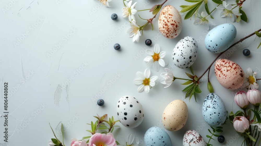 Springtime Delight: Easter Eggs and Flowers on White with Copy Space Springtime Delight: Easter Eggs and Flowers on White with Copy Space