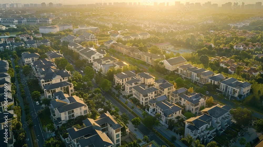 Vibrant Urban Landscape at Dusk Highlighting Residential Neighborhood Development