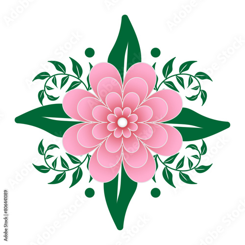 Pink flower with green leaves Vectors