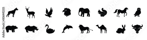 Wild animals black silhouettes set with lion elephant swan squirrel and camel vector isolated illustration