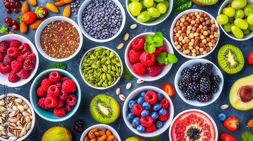 Vibrant Assortment of Superfoods, Colorful Bowls of Fresh Fruits, Berries, and Seeds on a Dark Background photo