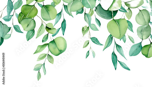 Watercolor floral frame with eucalyptus green leaves and branch isolated on white background. Hand painted wreath flowers for wedding invitation, save the date or greeting design photo