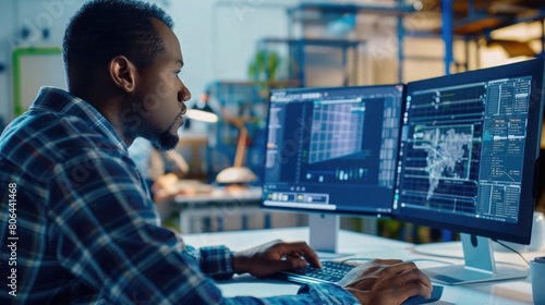 Close up stock image of an African American man working at a computer screen, Hea??s working on CAD software looking at the design of a solar panel array in CAD with data