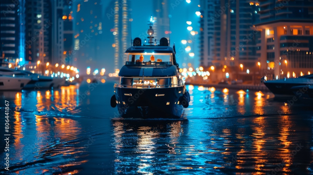 Night Dubai. A black, stylish yacht sails along the Dubai Marina canal. Noisy party on the yacht Night Dubai. A black, stylish yacht sails along the Dubai Marina canal. Noisy party on the yacht