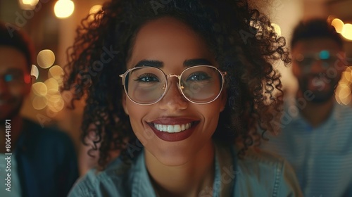 Close up portrait of a beautiful smiling African American business woman wearing glasses with curly hair in a casual outfit. 