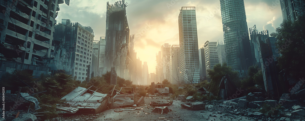 Craft a digital masterpiece showcasing a dystopian future layered with architectural marvels