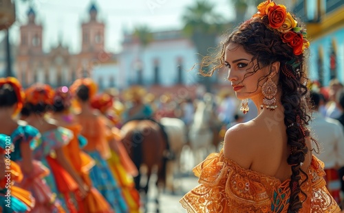 Hispanic festival with colorful flowing dresses and flowers