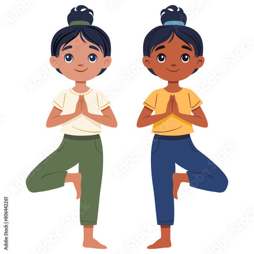 Kid girl doing yoga tree pose Vrikshasana. Fitness concept. Flat vector illustration on white