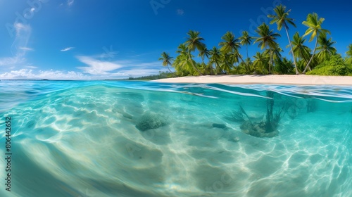 Panoramic view of sandy beach with palm trees at Seychelles