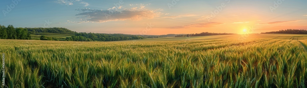 The setting sun casts long shadows over a lush green field of wheat, creating a serene and picturesque scene