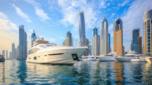 View on Dubai Marina skyscrapers and the most luxury super yacht marina  Dubai  United Arab Emirates
