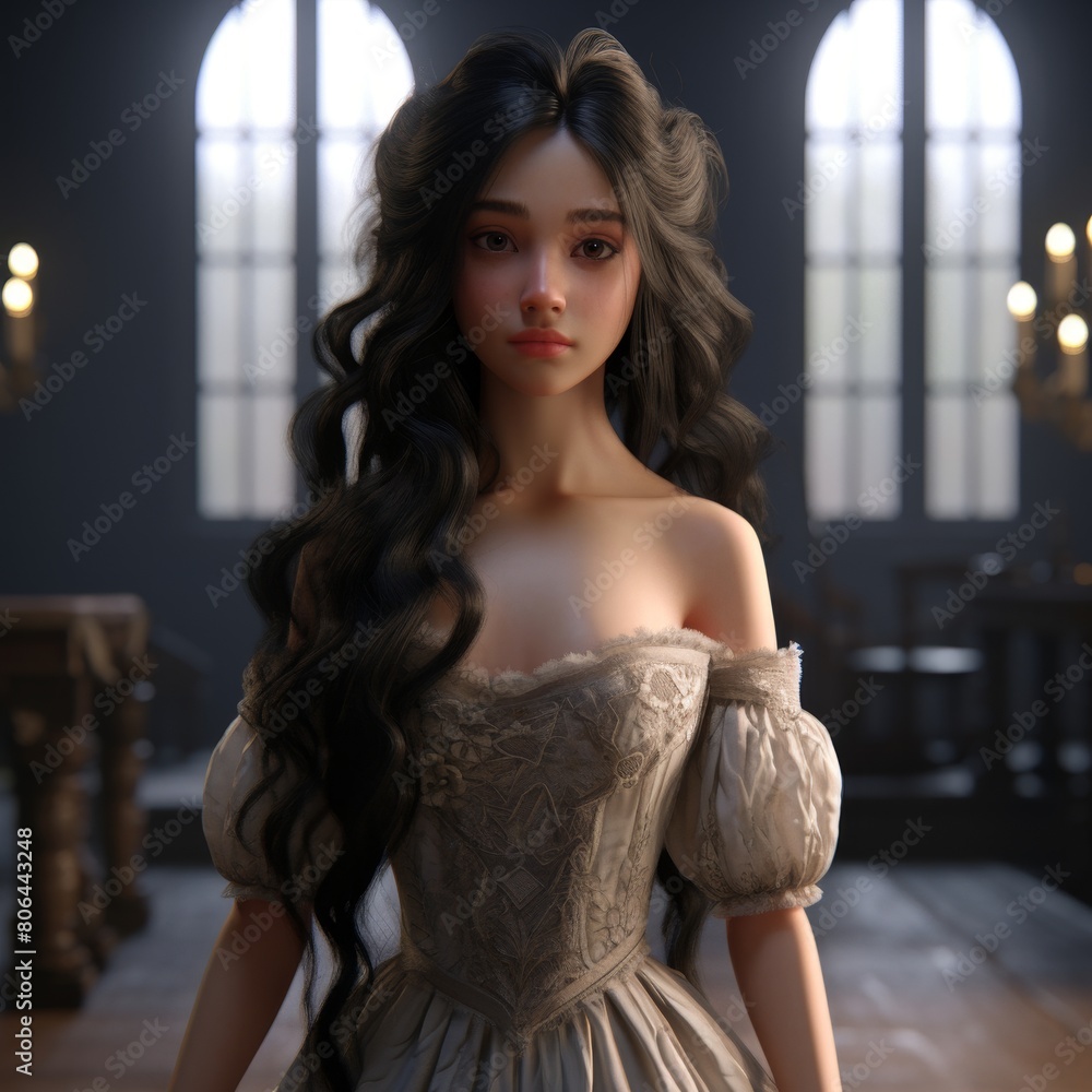 Fototapeta premium elegant woman in vintage dress posing in dark room