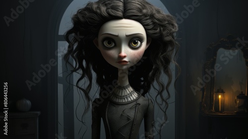 Haunting porcelain doll with dark curly hair