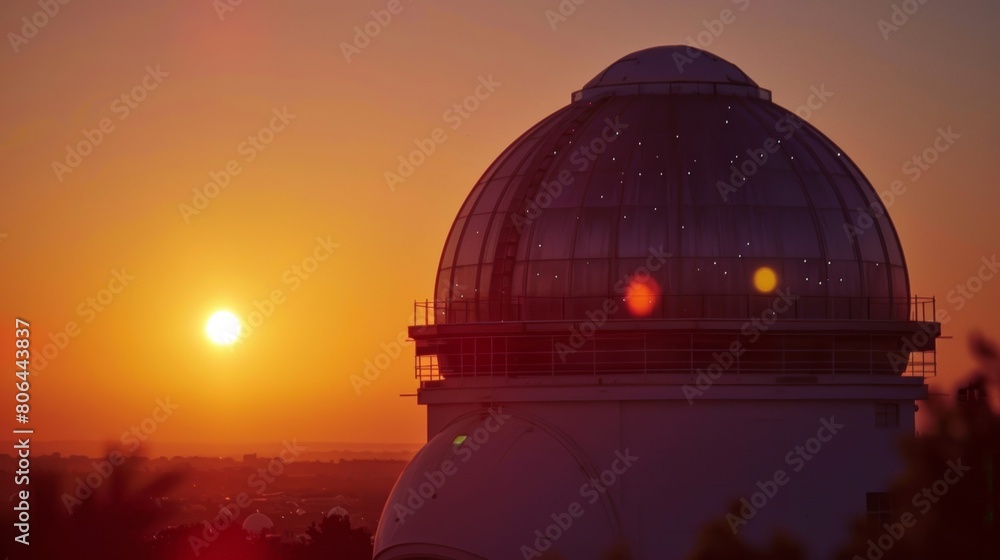 A sunset view of the observatory the warm orange and pink hues of the sky reflecting off its metallic surfaces. A sunset view of the observatory the warm orange and pink hues of the sky reflecting off its metallic surfaces.