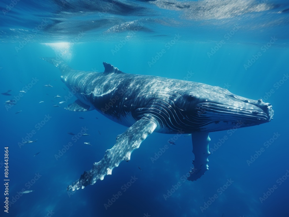 Naklejka premium Majestic humpback whale swimming in deep blue ocean