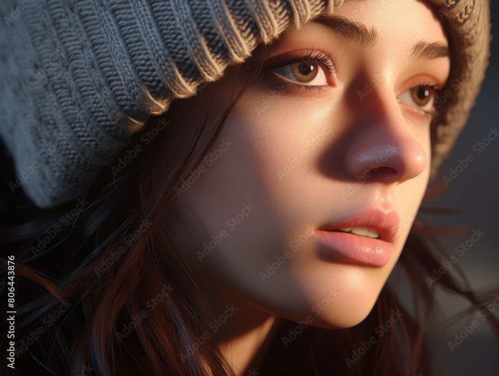 close-up portrait of a young woman with dark hair wearing a knit hat close-up portrait of a young woman with dark hair wearing a knit hat