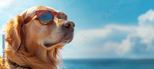 Golden retriever dog wearing sunglasses on the summer beach background. Vacation with pets concept