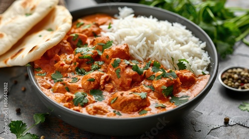Delectable Chicken Tikka Masala with Fluffy Rice and Soft Bread - A Mouthwatering Indian Dish