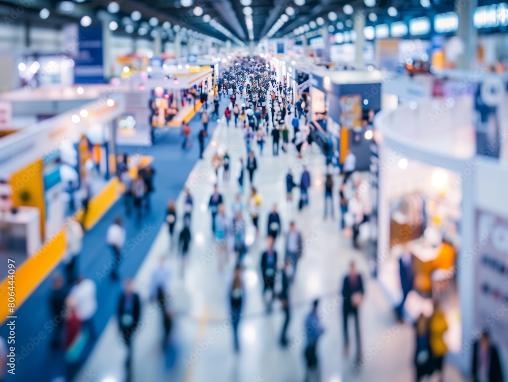 Exhibition expo event trade fair hall with busy bustling people walking to conferences in a modern hall crowded business people with a bokeh effect. Generative AI Exhibition expo event trade fair hall with busy bustling people walking to conferences in a modern hall crowded business people with a bokeh effect. Generative AI