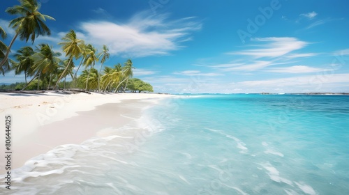 Panoramic view of a tropical beach with palm trees and blue sky