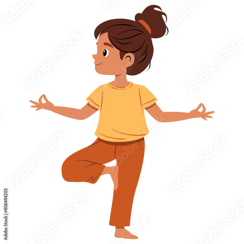 Kid girl doing yoga tree pose Vrikshasana. Fitness concept. Flat vector illustration on white