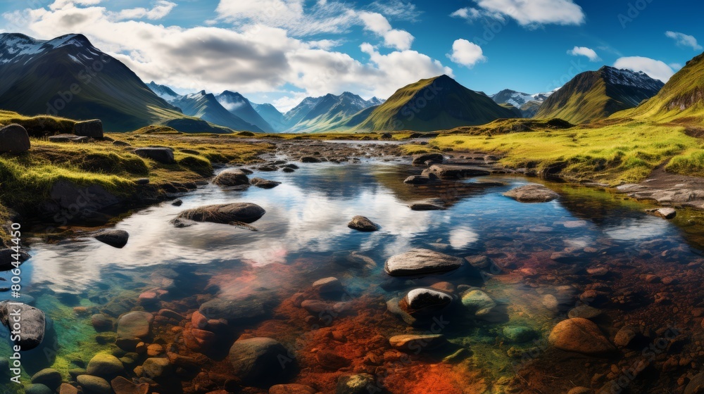 serene mountain landscape with stream and reflection