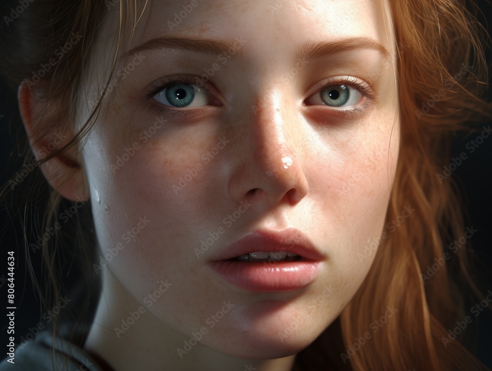 close-up portrait of a young woman with striking blue eyes