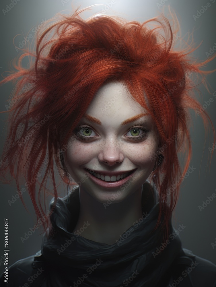 Fototapeta premium Vibrant redhead with wild hair and mischievous grin