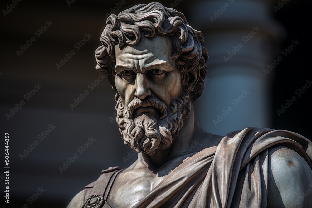 Dramatic stone sculpture of an ancient philosopher