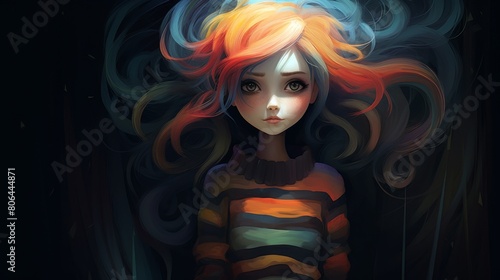 Vibrant anime-style portrait of a young woman with striking multicolored hair