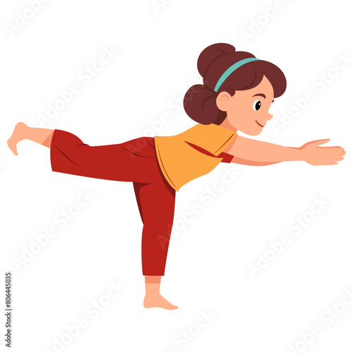 Kid girl doing yoga Warrior 3 or Virabhadrasana III. Fitness concept. Flat vector illustration