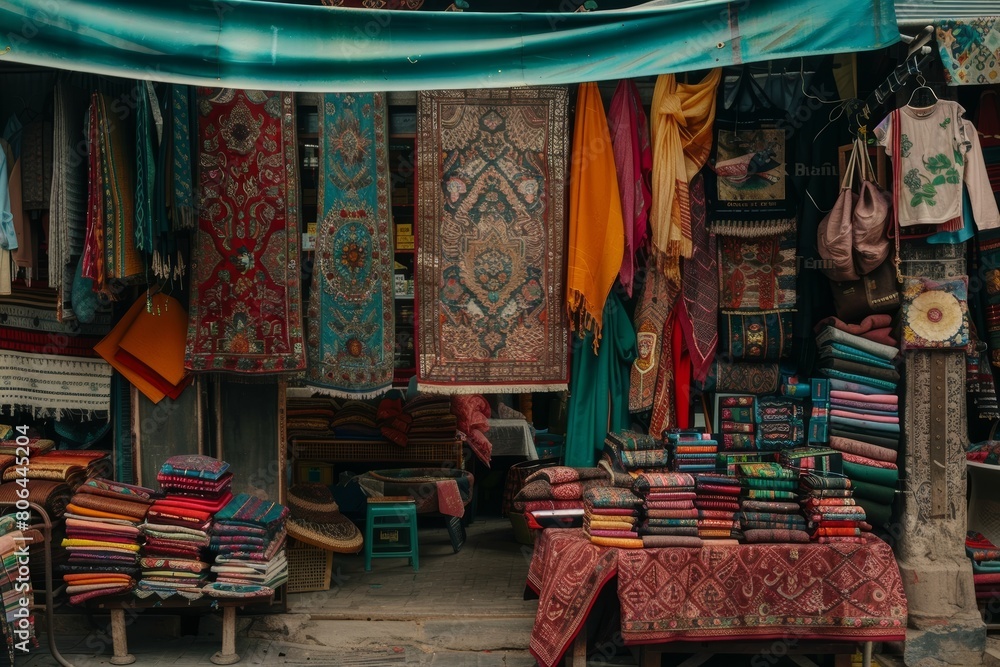 Vibrant display of indian textiles in a colorful boutique selling traditional fabrics and clothing