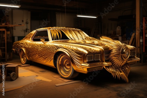 Extravagant golden car with intricate designs