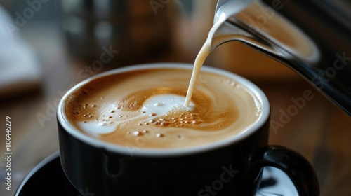 Close-up of pouring oat milk into black coffee cup. Making coffee at home