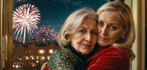 new year's eve fireworks capture heartwarming moment between two elderly women hugging, evoking love, friendship, and connection