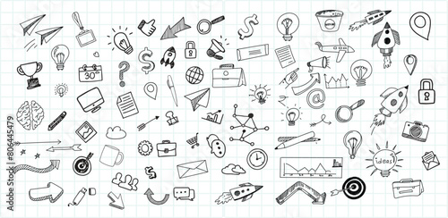 Hand draw technology sketch icon doodle set design. doodle art business hand drawn vector simple. with flowchart, statistic and element component business.	