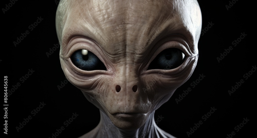 Mysterious alien face with large eyes and wrinkled skin Mysterious alien face with large eyes and wrinkled skin