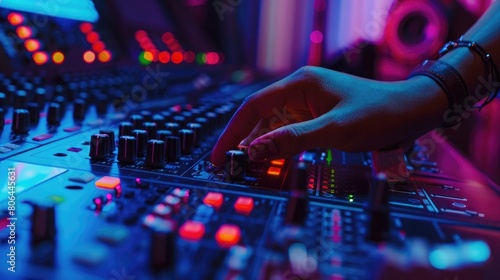 Close-up of woman's hand adjusting buttons on audio mixer in recording studio in neon lighting