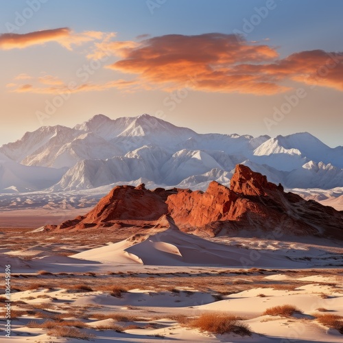 Dramatic sunset over snowy mountain landscape