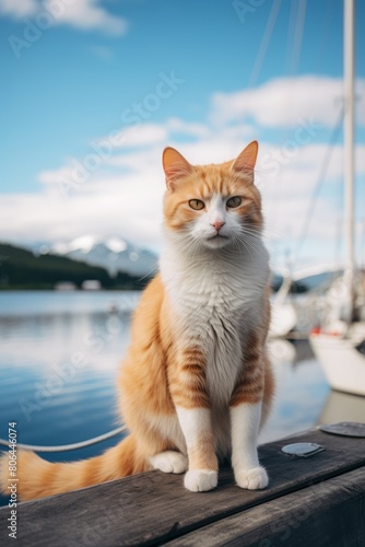 Curious cat sitting on a wooden dock overlooking a scenic lake