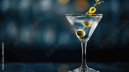 Sophisticated martini glass with olive and lemon twist